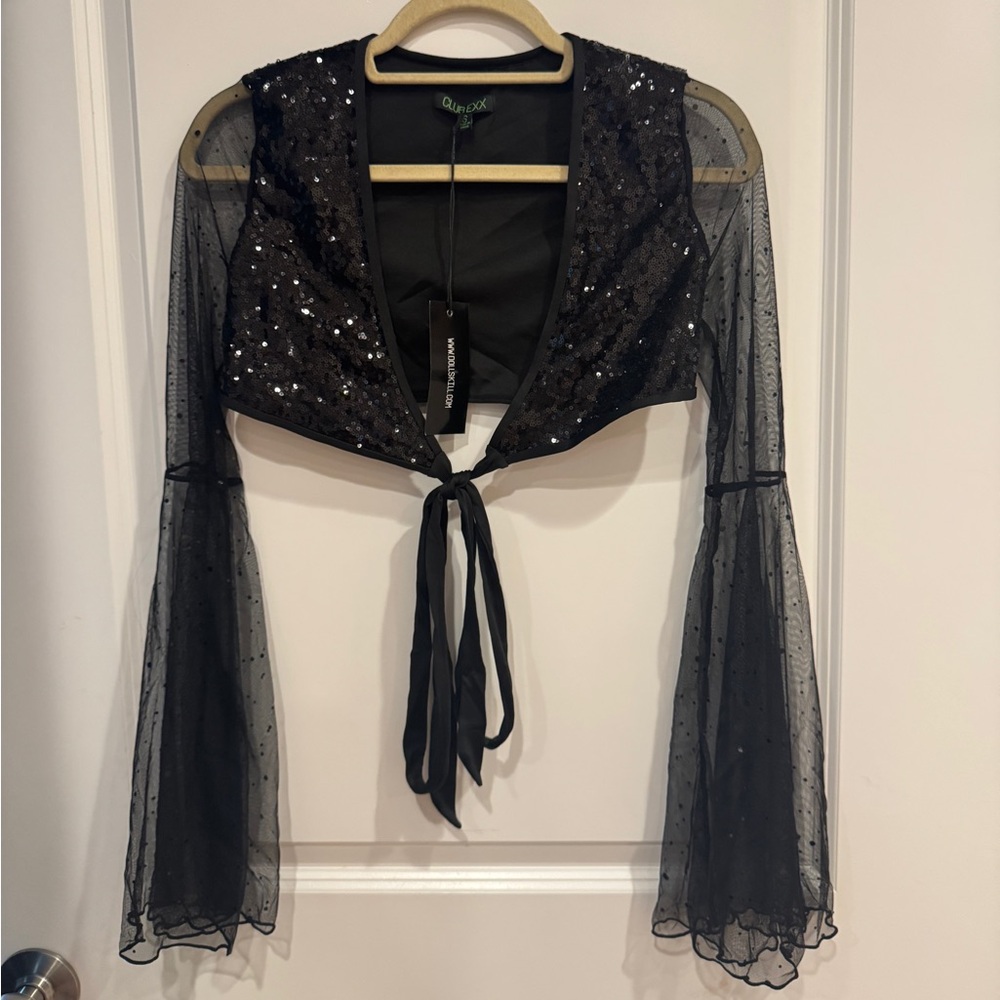 Black Sheer Sequin Tie-Front Top